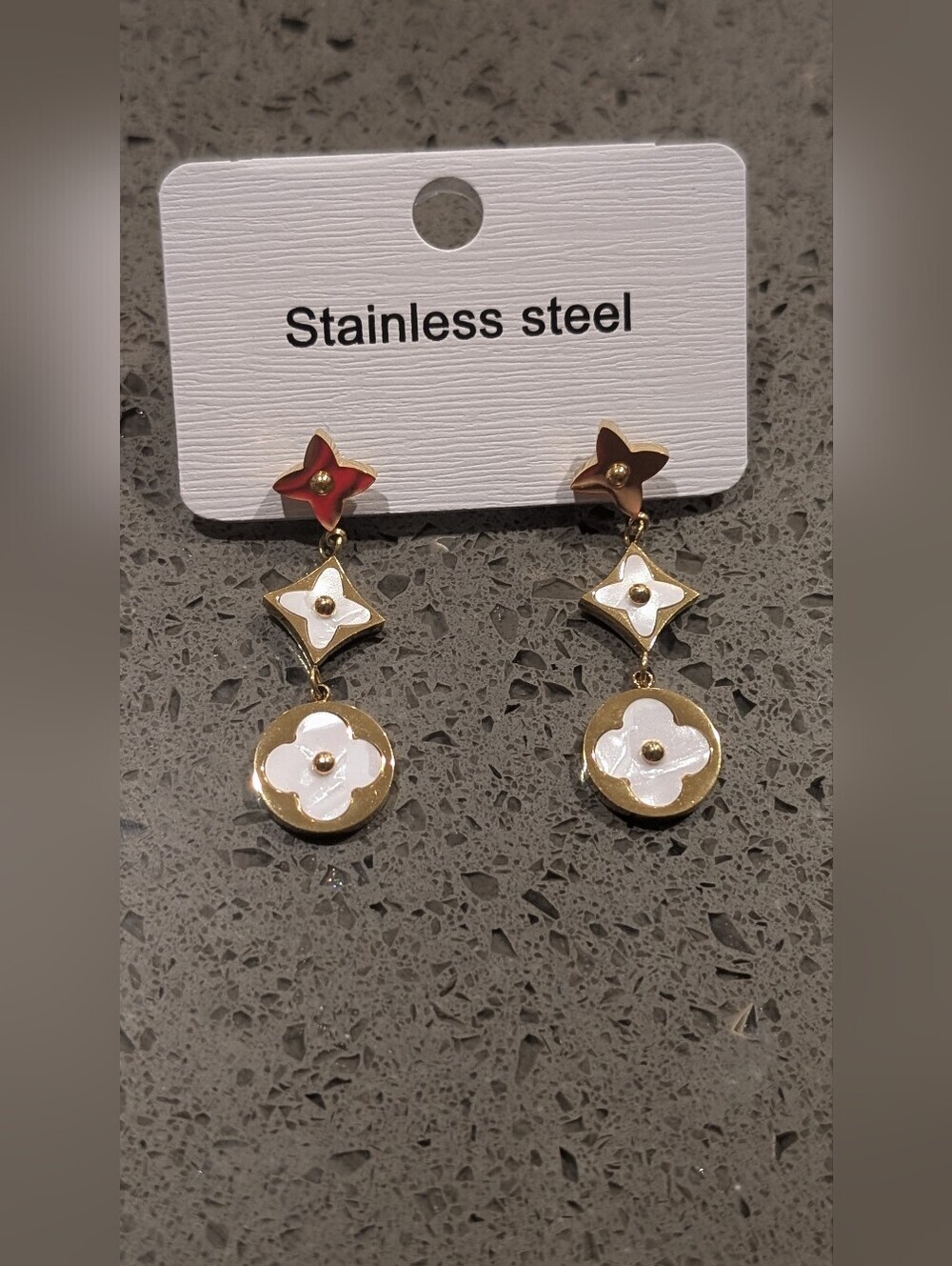Gold-Tone White Gold Floral Drop Earrings - Stainless Steel